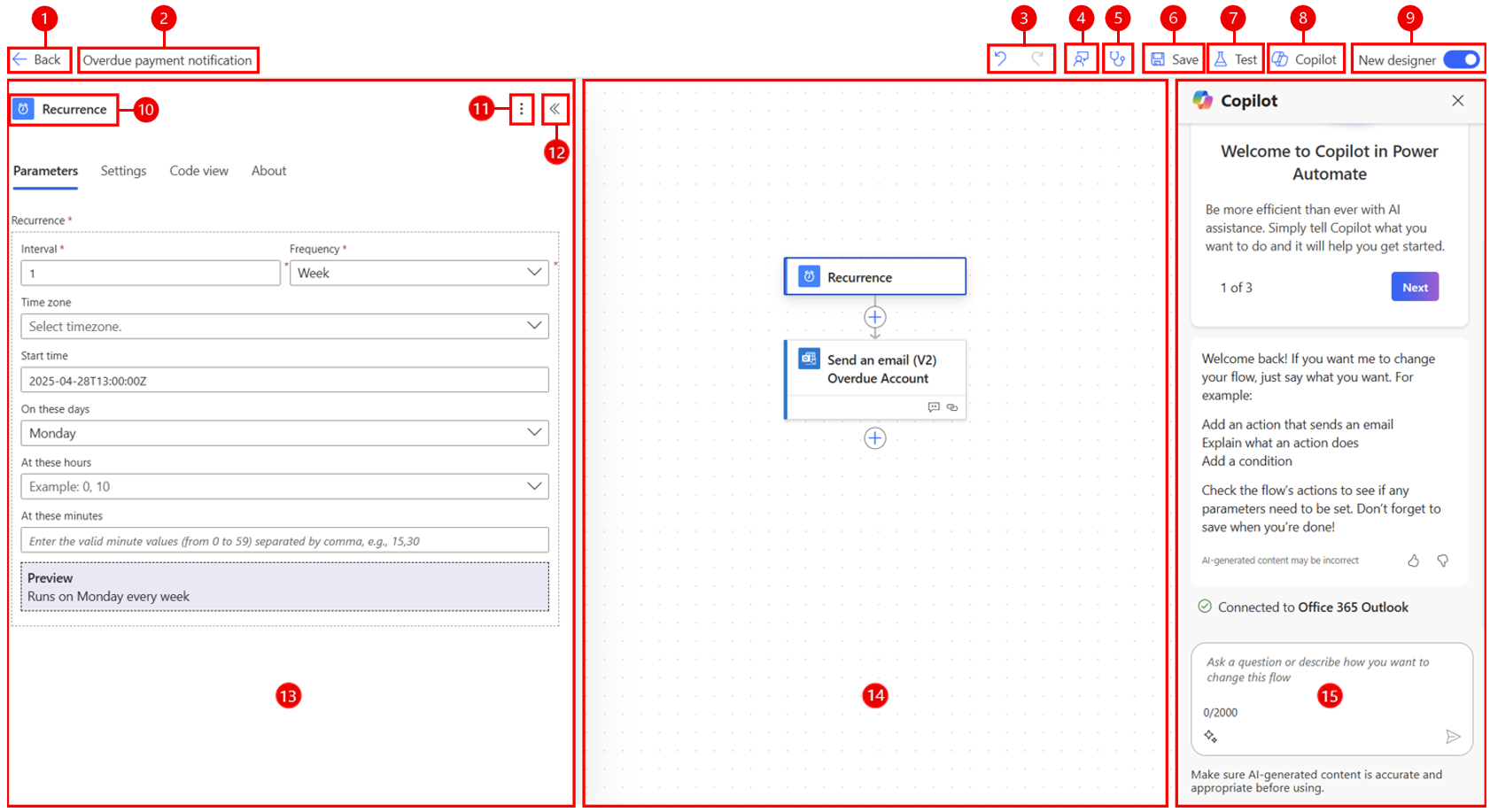 Power Automate Flow Designer mit Schritten und Konfiguration