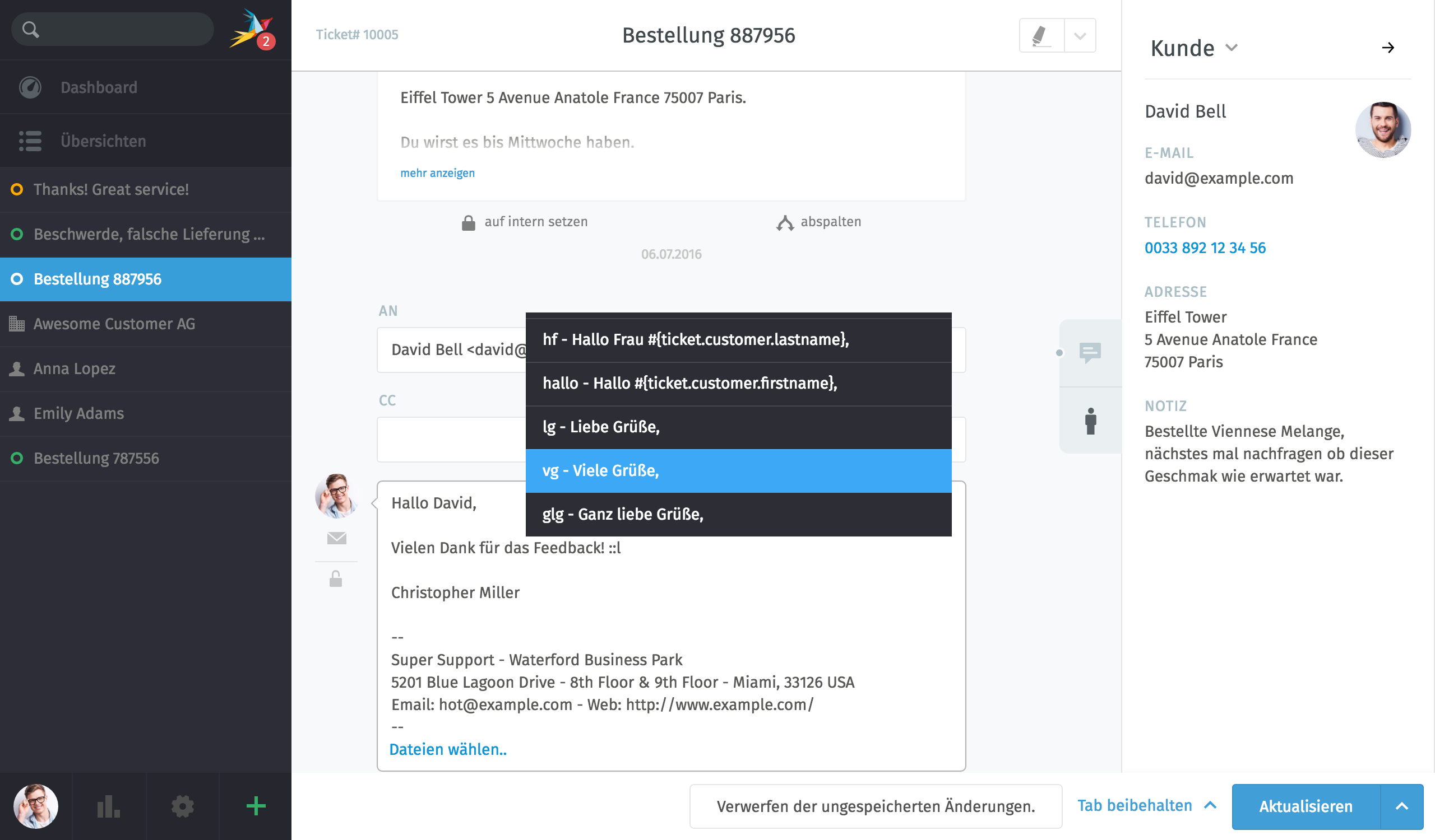 Detailansicht eines Support-Tickets mit Textbaustein